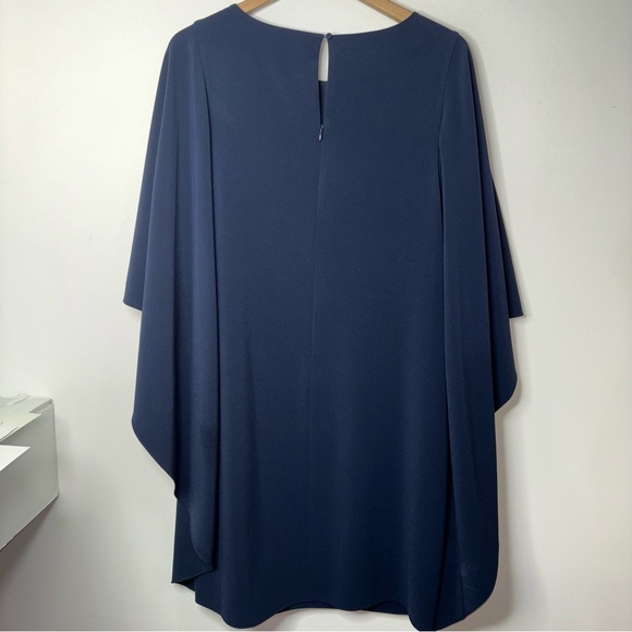 Halston Heritage Asymmetric Drape Crepe Dress Size 10 Blue Cape Capelet Sleeve - Picture 5 of 13